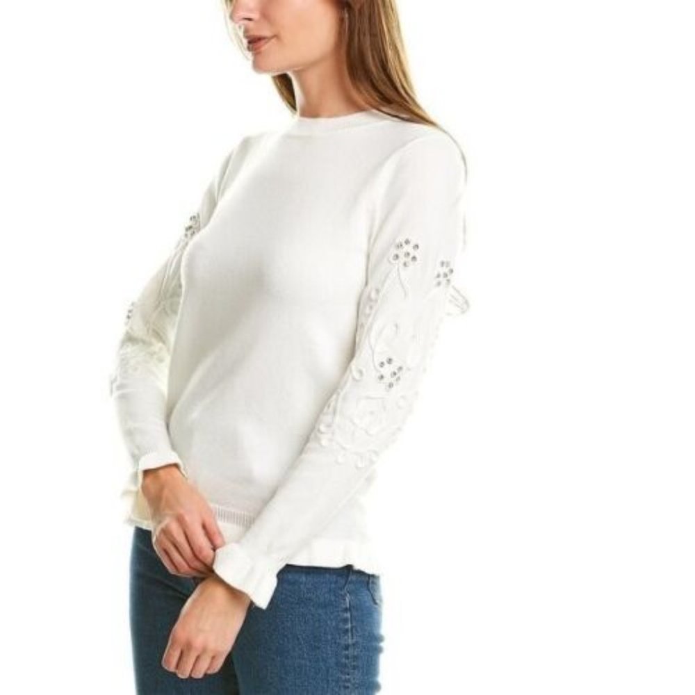 Nanette Lepore Women Crew Neck Ruffle Rhinestone Sweater | Size Medium